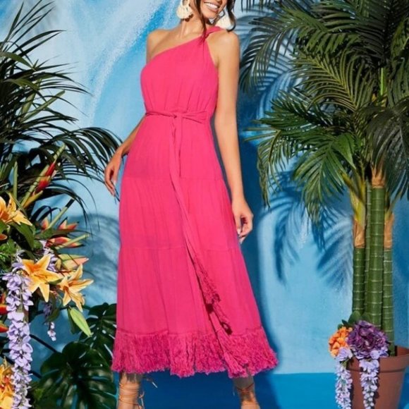 One Shoulder Belted Fringe Trim Thigh split Ruffled Hem Dress PINK - Picture 6 of 6